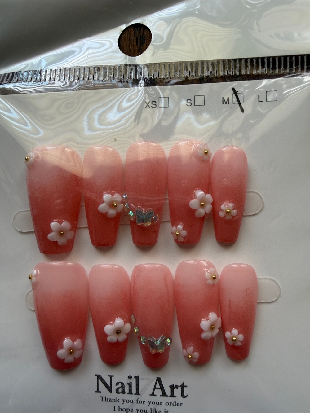 Pink Floral Ombre Press-On Nails with 3D Accents